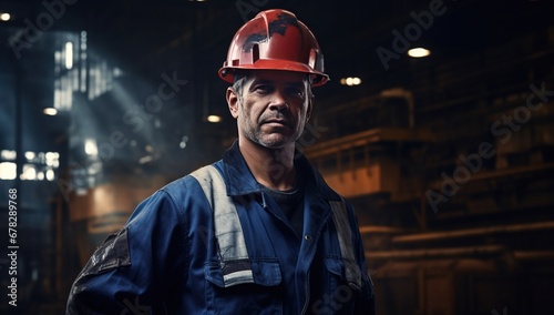 An adult caucasian male with short dark hair, in work uniform and helmet, stands against the backdrop of an industrial setting. © volga