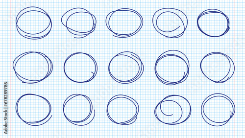 Hand drawn pen circles line sketch set on notebook pages. Drawing blue pen circular scribble doodle round circles. Vector illustration. © ROMAN RYBALKO