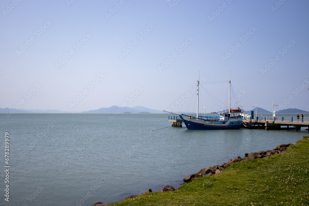 Beautiful landscape with boat on the pier in Florianópolis Santa Catarina Brazil