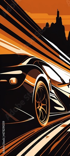 "Colorful illustration, fast car, sports car."