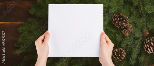 Female hands holding a white sheet of paper on a background of fir branches.