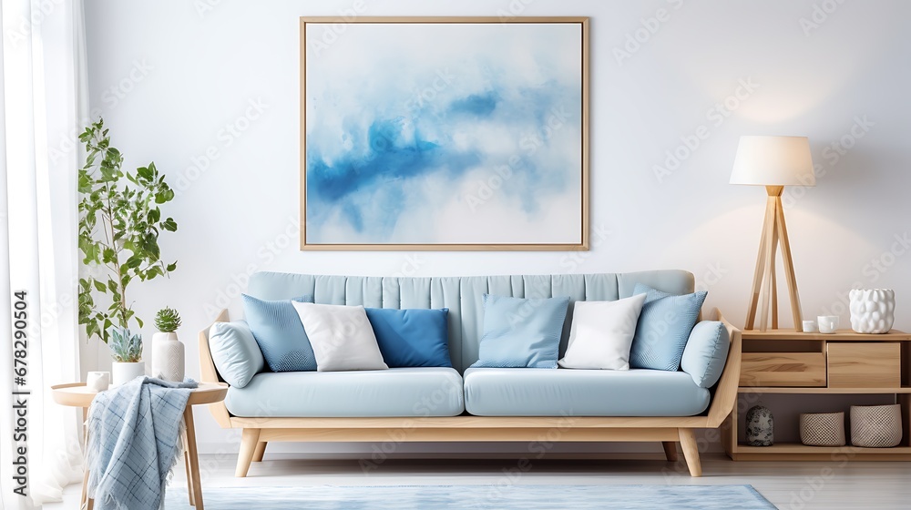 Fototapeta premium Aesthetic composition of cozy living room interior with mock up poster frame, modular sofa, blue pillows, wooden coffee table, patterned rug, curtain and personal accessories