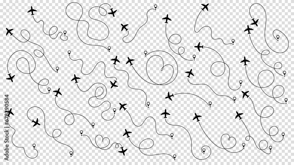 Travel concept from start point and dotted line tracing. Airplane or aeroplane routes path set. Aircraft tracking, plane path, travel, map pins, location pins. Vector illustration. Transparent bg. Travel concept from start point and dotted line tracing. Airplane or aeroplane routes path set. Aircraft tracking, plane path, travel, map pins, location pins. Vector illustration. Transparent bg.
