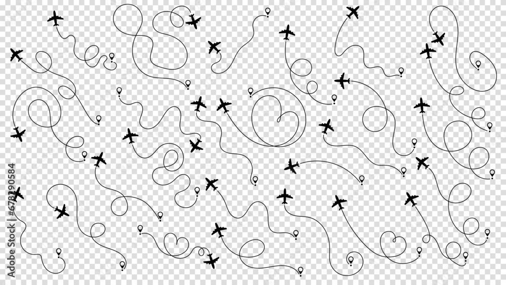 Travel concept from start point and dotted line tracing. Airplane or aeroplane routes path set. Aircraft tracking, plane path, travel, map pins, location pins. Vector illustration. Transparent bg.