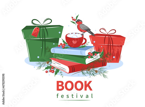 Book festival. Layout design for bookstore, library. Books with winter holiday decor and gifts. Vector illustration
