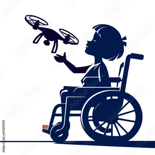 Achieving Goals Creatively:  Child With Disabilities Using Tech to Play, Fly with the Drones, mobility aids Concept Illustration
