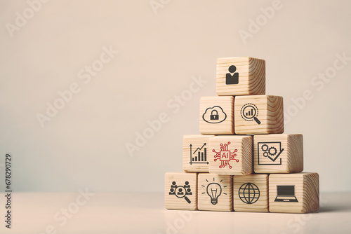 Assembled wooden cubes on the topic of the application of artificial intelligence in business