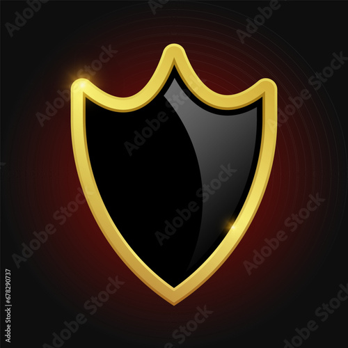 VIP luxury logo design element. Black shield with glossy bright golden frame isolated on red background. Vector clipart illustration.
