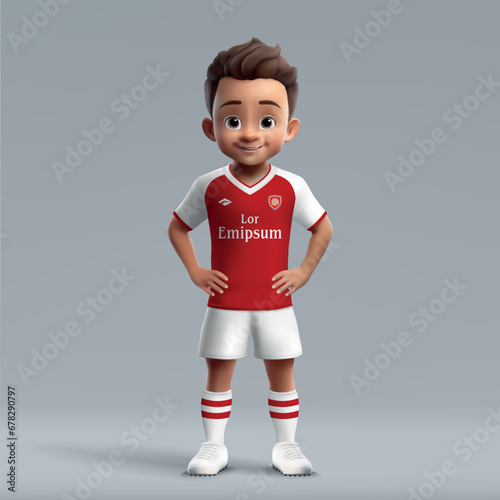 3d cartoon cute young soccer player in Arsenal football uniform photo