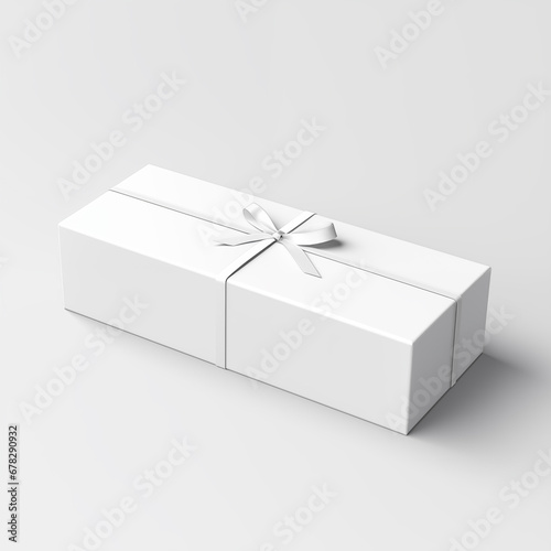 Isolated mockup white gift box with ribbon on white background. Plain present for custom illustration and pattern design.