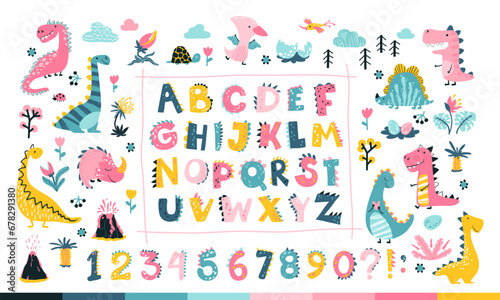 Girly Dino collection with alphabet and numbers. Funny comic font in simple hand drawn cartoon style. A variety of childish girls dinosaurs characters. Colorful isolated doodle in pink palette © Світлана Харчук