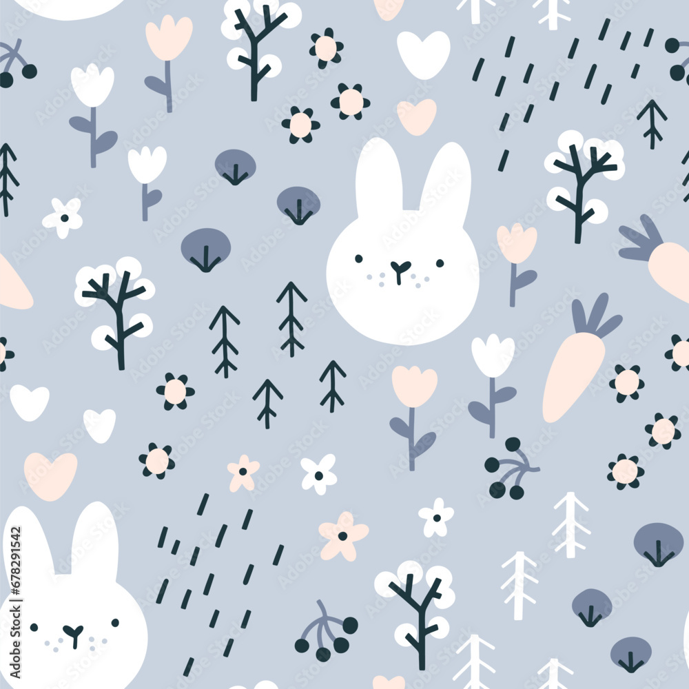 Forest rabbit seamless pattern. Cute character with carrots and flowers. Baby cartoon vector in simple hand-drawn Scandinavian style. Nursery illustration in pastel colors. - obrazy, fototapety, plakaty 