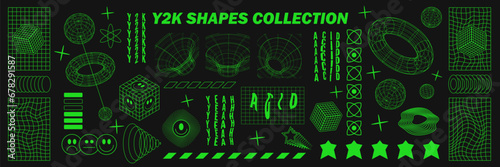 Abstract geometry wireframe shapes and patterns, cyberpunk elements, signs and perspective grids. Surreal geometric retro signs. Rave psychedelic futuristic Y2k acid aesthetic set. Vector illustration