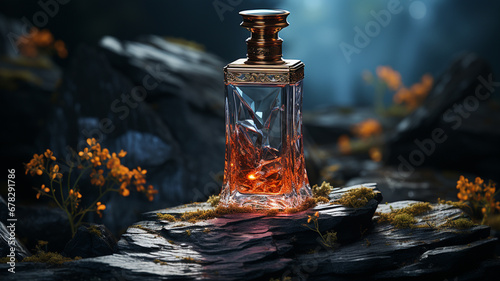 Perfume bottle on a background of green moss