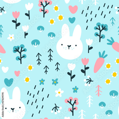 Forest rabbit seamless pattern. Cute character with carrots and flowers. Baby cartoon vector in simple hand-drawn Scandinavian style. Nursery illustration on blue background