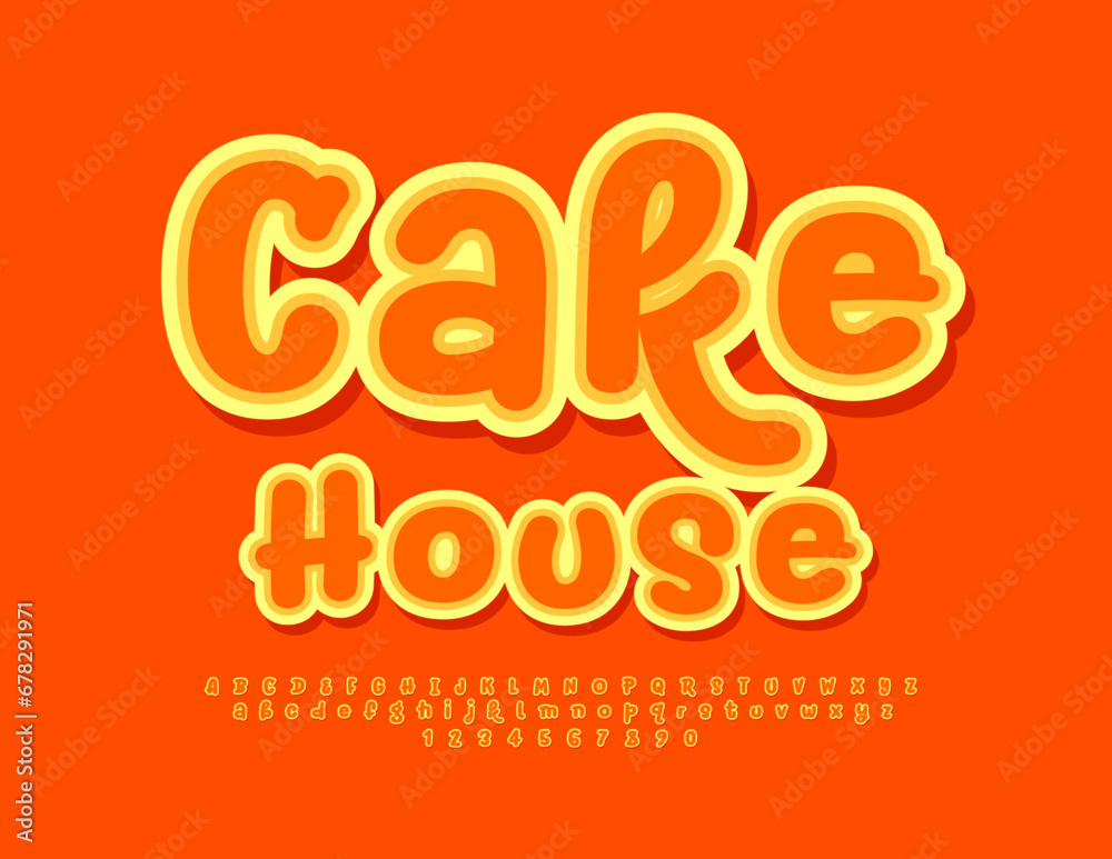 Vector creative flyer Cake House. Bright sticker Font. Funny playful Alphabet Letters and Numbers