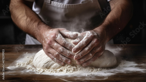 man kneads dough in the kitchen