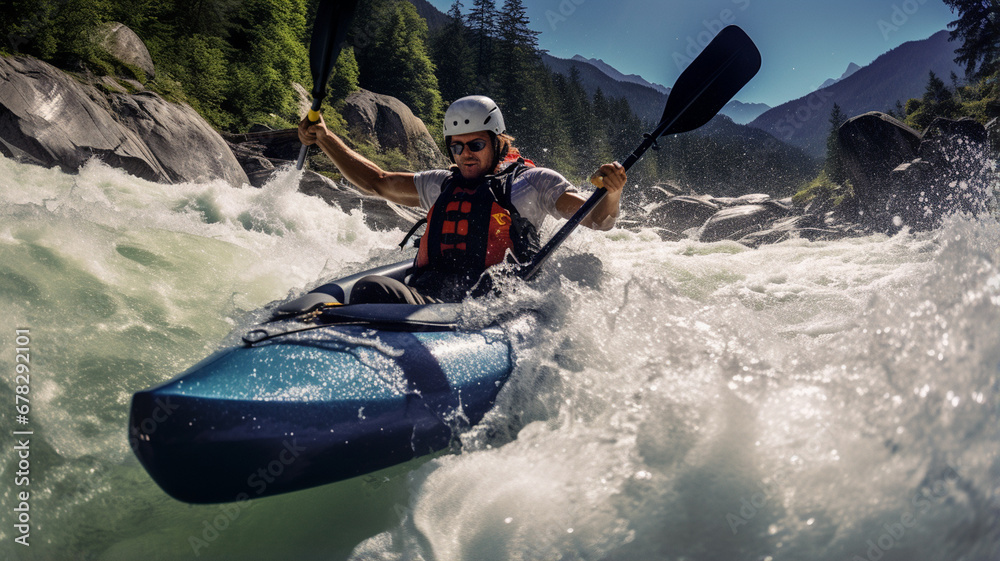 a man on a kayak floats on a wild river