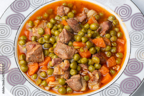 Traditional delicious Turkish food; Peas with minced meat (Turkish name; Etli bezelye yemegi)