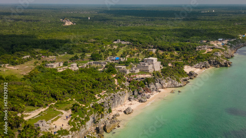 Aerial of Tulum Maya ruins Mexico famous historical ancient site travel destination © Michele