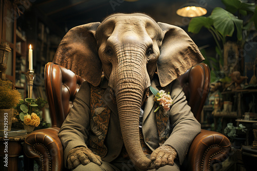 Big elephant sitting in an armchair, animal concept, metaphorical idiom for important or enormous topic © Berit Kessler