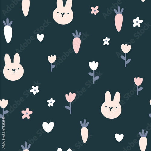 Rabbit seamless pattern. Cute character with wildflowers and carrot. Baby cartoon vector in simple hand-drawn Scandinavian style. Nursery illustration on dark background.