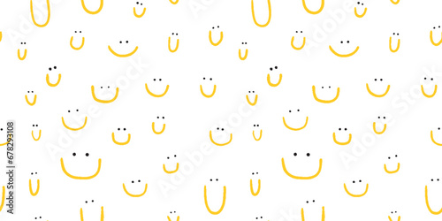 Hand drawn seamless pattern with cute smiles. Yellow doodle different smiles for card, fabric, wrapping paper, notepad covers, wallpapers isolated on white background.
