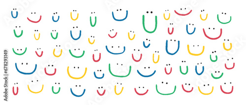 Hand drawn collection of cute smiles. Colored doodle different smiles for card, fabric, wrapping paper, notepad covers, wallpapers isolated on white background.