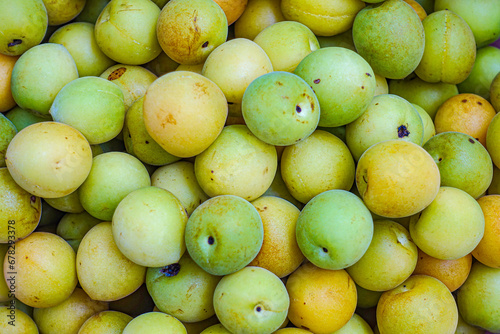 Fresh yellow  plums, light green plums background.