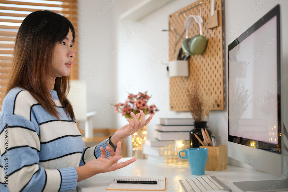 Teen girl talking online with psychologist, social worker Teen girl talking online with psychologist, social worker