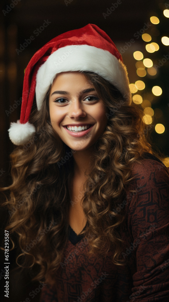Portrait of beautiful young woman in Santa hat on Christmas background. Portrait of beautiful young woman in Santa hat on Christmas background.