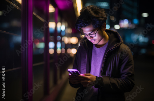 Generative ai young man using smartphone in futuristic background