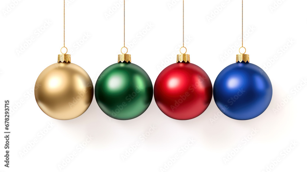Colorful glossy baubles isolated on white background. Christmas ornaments balls hanging in a row Colorful glossy baubles isolated on white background. Christmas ornaments balls hanging in a row