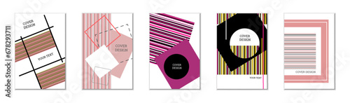 Geometric cover design, set of 5 covers. Abstract unusual background in Memphis style. Bright geometric shapes in random order