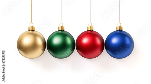 Colorful glossy baubles isolated on white background. Christmas ornaments balls hanging in a row