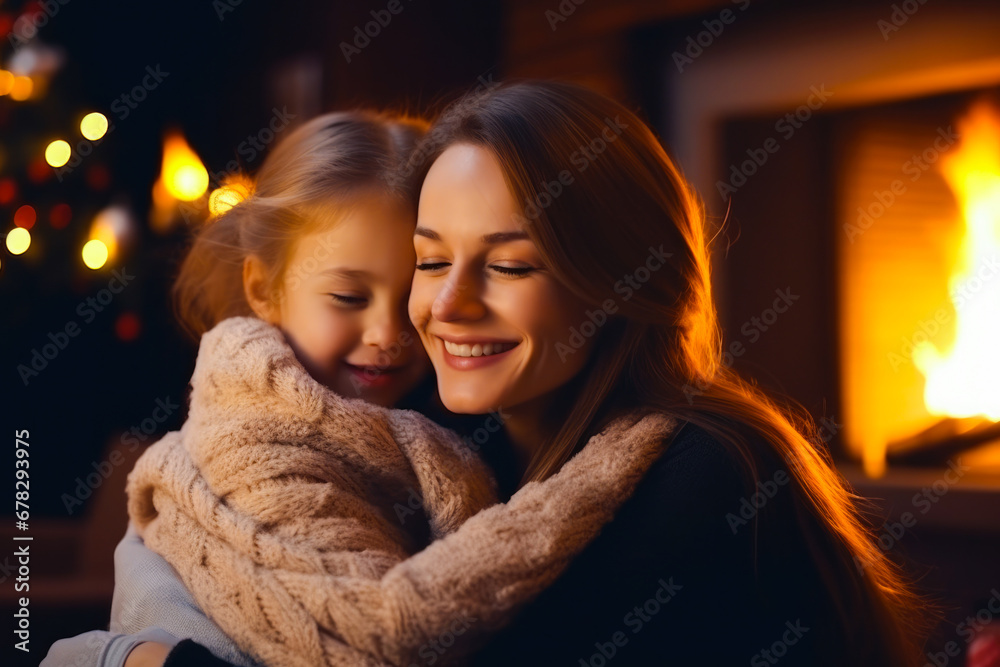 Mother hugging her daughter on winter evening by fireplace, closeup. Winter or Christmas concept Mother hugging her daughter on winter evening by fireplace, closeup. Winter or Christmas concept