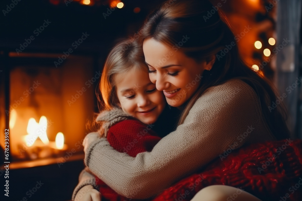Mother hugging her daughter on winter evening by fireplace, closeup. Winter or Christmas concept