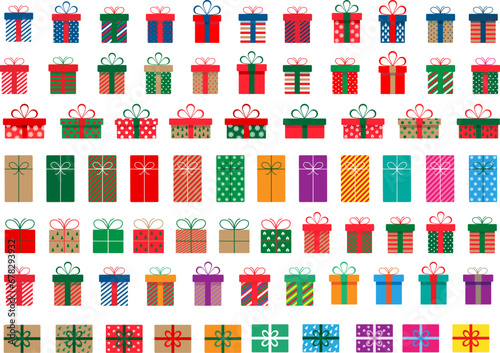 Set of christmas gift boxes with ribbons and bows.A pile of christmas gift boxes.Presents in colorful wrapping with ribbons.Gift boxes stack in flat style.