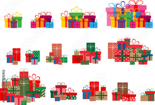 Set of christmas gift boxes with ribbons and bows.A pile of christmas gift boxes.Presents in colorful wrapping with ribbons.Gift boxes stack in flat style.