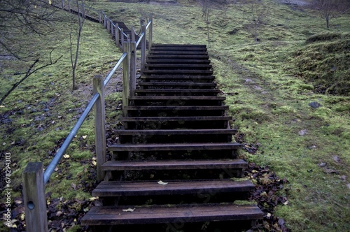 Fototapeta Naklejka Na Ścianę i Meble -  Wooden stairs going up a rural green grassy hill