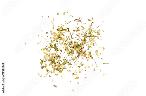 Mixture of dried Provencal herbs isolated on a white background, top view. Pile of natural dried Provencal herbs, top view. Heap of dried Provencal herbs isolated on a white background.