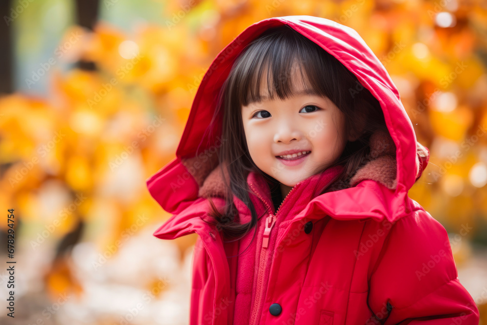 Asian girl child in park with autumn fall leaves, wearing red a jacket. Showcasing child happiness and serenity of autumn season Asian girl child in park with autumn fall leaves, wearing red a jacket. Showcasing child happiness and serenity of autumn season