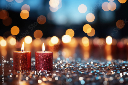 Burning candles and confetti on bokeh background. Christmas decoration.