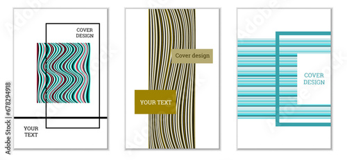 Geometric cover design, set of 3 covers. Abstract unusual background in Memphis style. Bright geometric shapes in random order