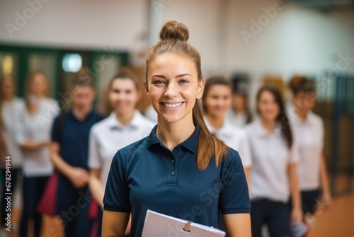 Portrait of physical education female teacher in a gym hall smiling and holding a clipboard with pupils in the background photo