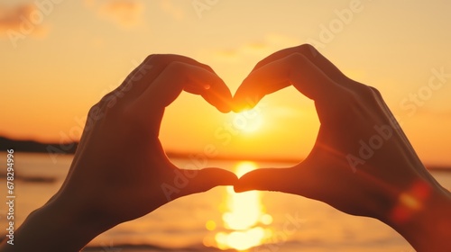 Hands making a heart shape at sunset. Silhouettes of hands showing love