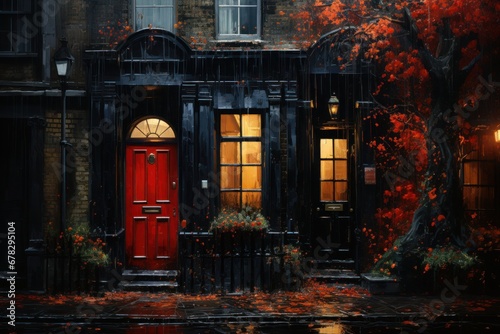 House with red doors and windows in autumn rain. Generative AI.