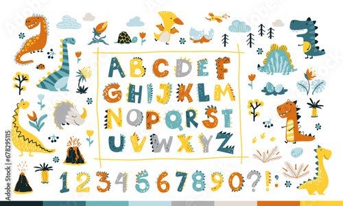 Dino collection with alphabet and numbers. Funny comic font in simple hand drawn cartoon style. Various dinosaur characters. Colorful isolated doodles on a white background. © Світлана Харчук