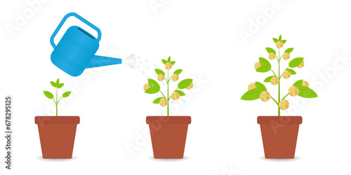 Watering Money Plant. Business Profit Growing with Passive Income. Growing Money, Saving and Investment Concept. 