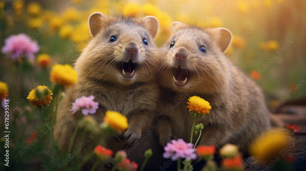 Fototapeta premium familia de quokkas engraçadas 